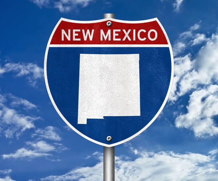 A Street sign mounted on a metal pole with the text "new mexico" on it with red and blue colors with a background of the sky with clouds