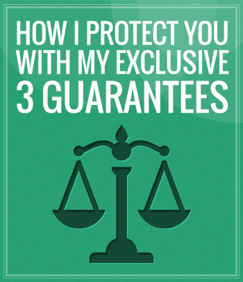 Animated scales of justice along with the header title that says "How I Protect You With My Exclusive 3 Guarantees", with a green colored background and that is used by the Albuquerque personal injury lawyer.